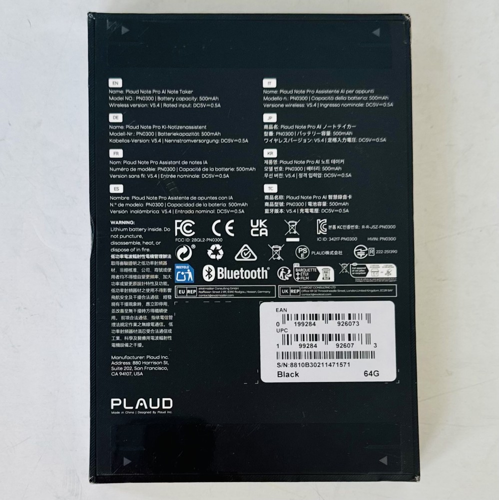 Plaud Note Pro AI Voice Recorder Note Taker PN0300 64GB Black