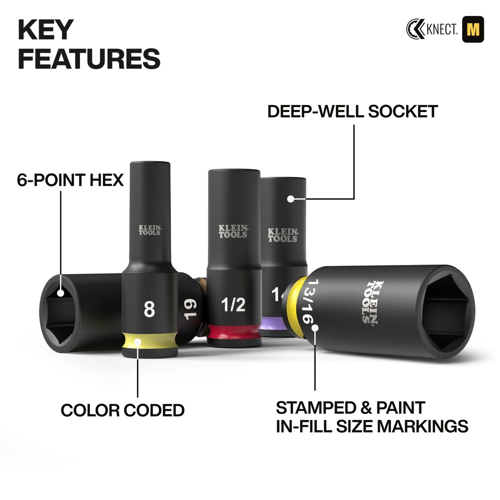 Klein Tools 65121IMPCT KNECT Deep-Well 3/8" Drive Socket Set, SAE and Metric