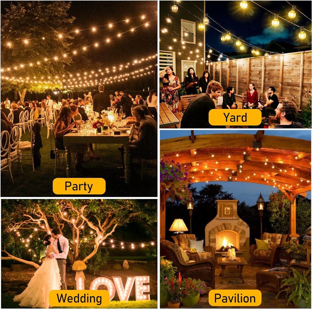 100FT Outdoor String Lights Patio Light with 2Pack 50ft-25 Led ST38 Shatterproof