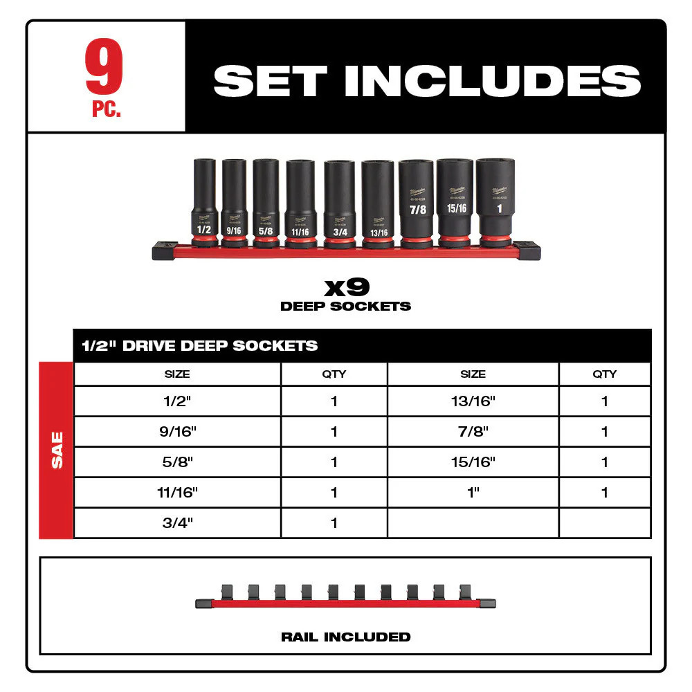 49-66-7022 For Milwaukee 9PCS SHOCKWAVE 1/2" Drive SAE 6 Point Socket Set