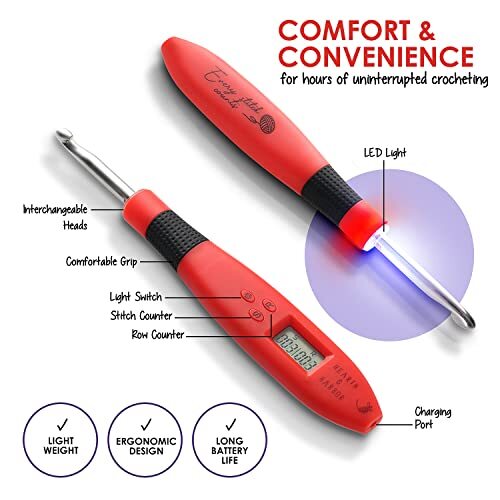 Light Up Crochet Hook Set with Case, Counting Crochet Hook Set Digital for Red