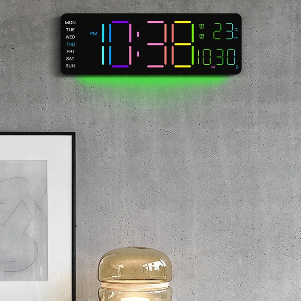 Digital RGB Wall Clock with Remote Control Temp Date Week Adjustable Brightness