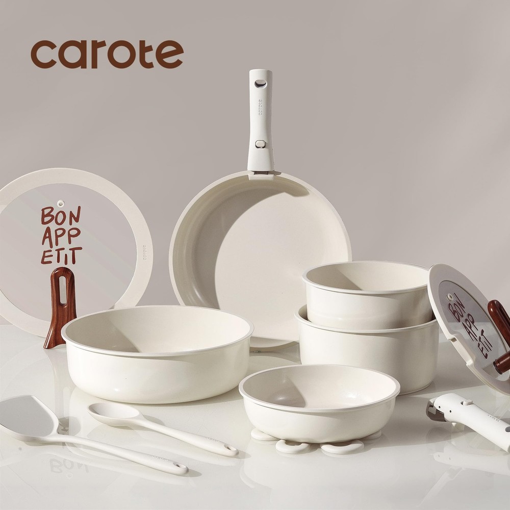 18-Piece Non-Stick Ceramic Cookware Set, Oven Safe, Induction Ready, Cream