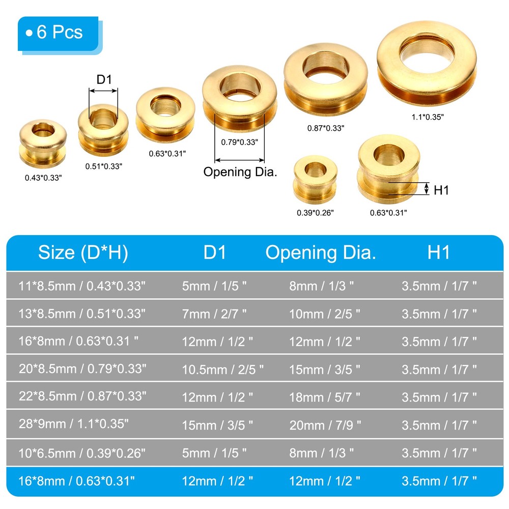 8mm(1/3 Inch) Solid Brass Hole Eyelets, 6 Pcs Flat Grommets, Brass Tone
