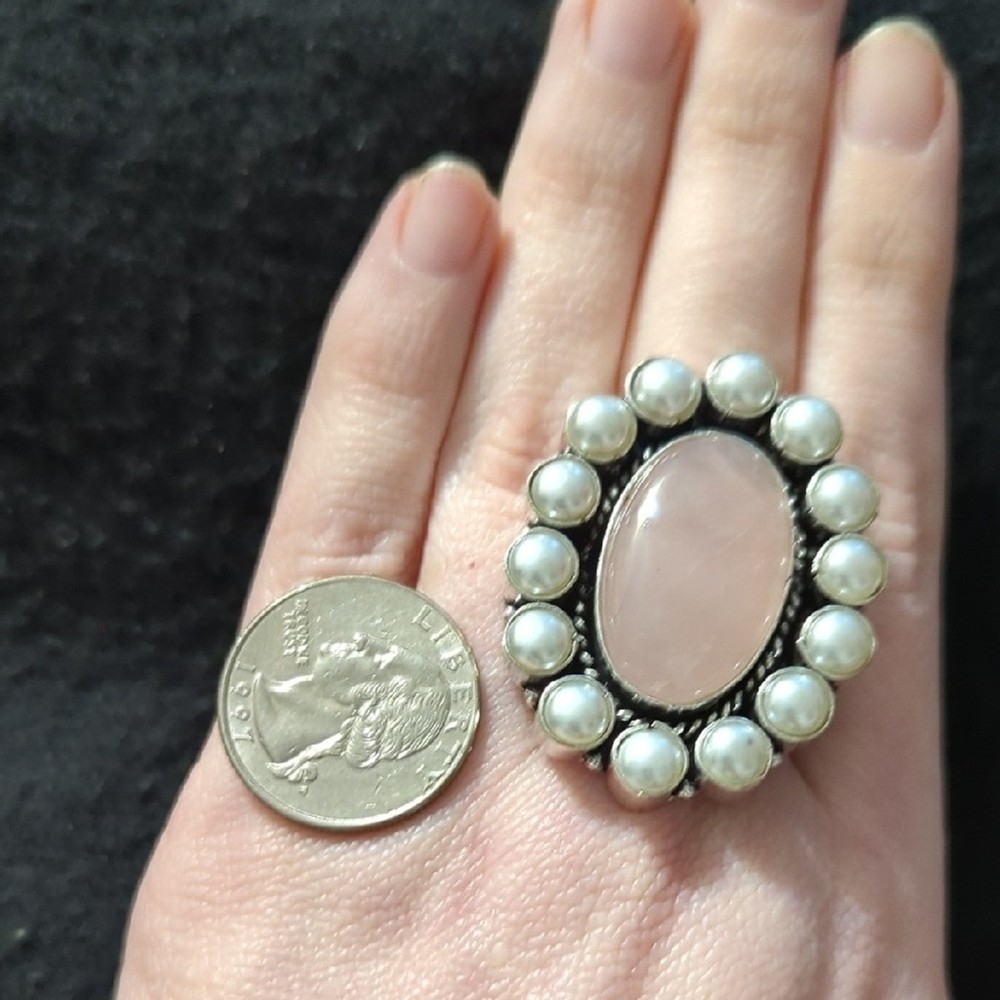 Silver Plated Pink Rose Quartz Gemstone Pearl Chunky Oversize Statement Ring 8.5
