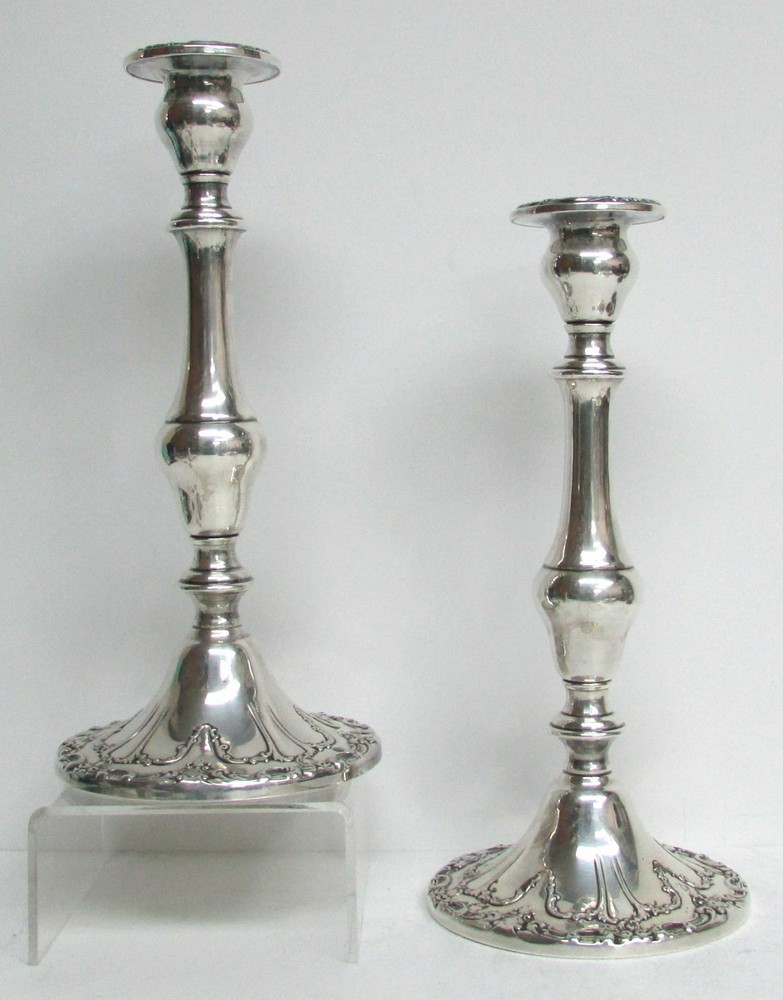 EXQUISITE PAIR GORHAM STERLING SILVER 13" TALL CHANTILLY 3 TEIR CANDELABRAS