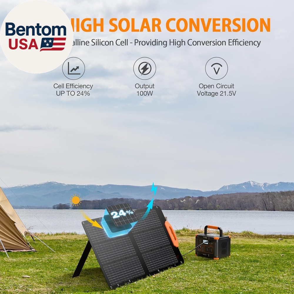 100W Solar Panel, 21.5V Portable Foldable Solar Panel 24% High Efficiency with F