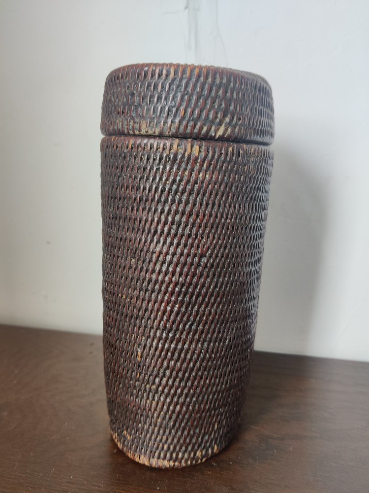 Superb Antique Japanese Wicker Ware Container Lidded Storage Box