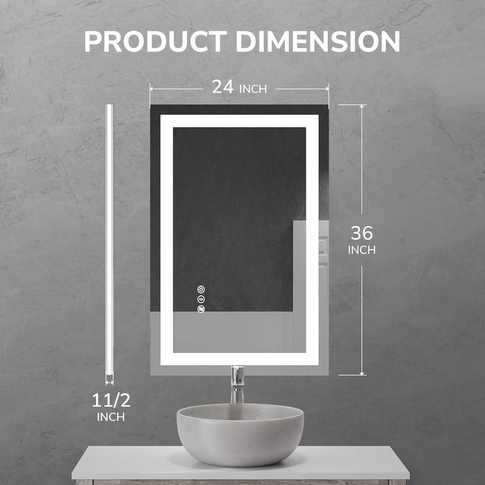 USHOWER 24x36'' LED Bathroom Mirror Touch LED Lighted Vanity Mirror Dimmable US