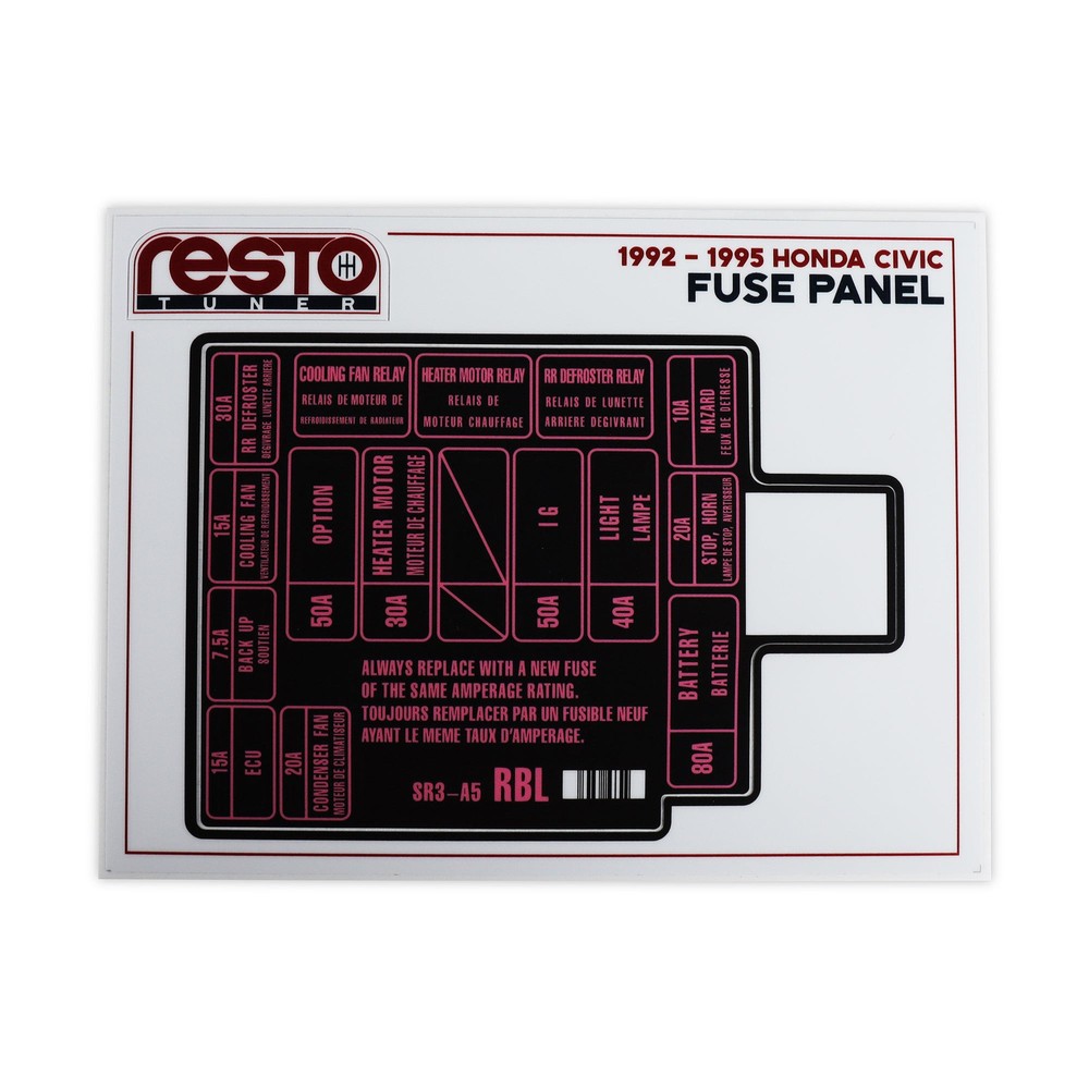 1992-1995 Honda Civic Engine Fuse Label Kit ONLY