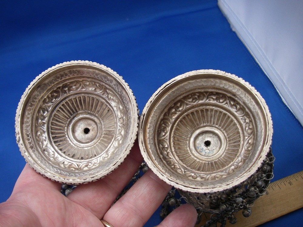Old PAIR INDIAN Silver PALM / UMBRELLA Shaped CANDLESTICKS-Pierced-Bell Dangles