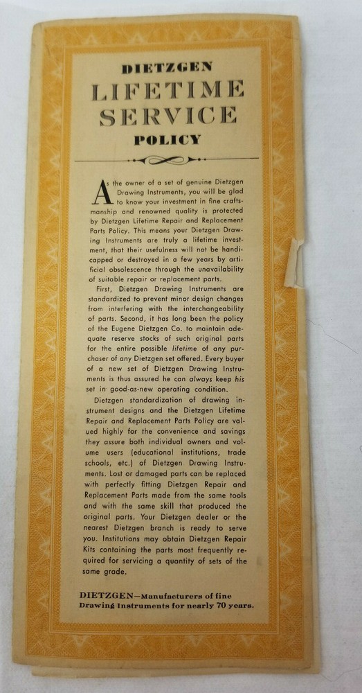 Dietzgen Lifetime Service Policy Warranty Card