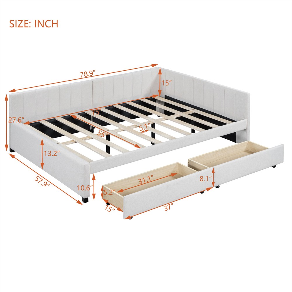 Full Size Daybed Upholstered Bed Frame Sofa Bed w/ 2 Storage Drawers Beige