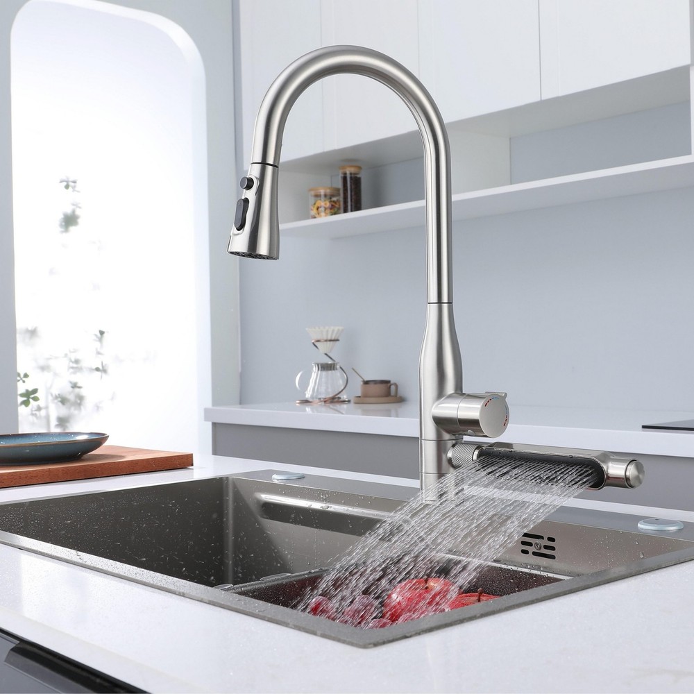 Stainless Steel Waterfall Kitchen Faucet with Pull Down Sprayer, 3 Spray Modes