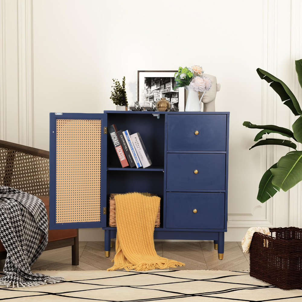 Storage Cabinet Rattan Accent Display Cabinet with Doors&Drawers Modern Buffet