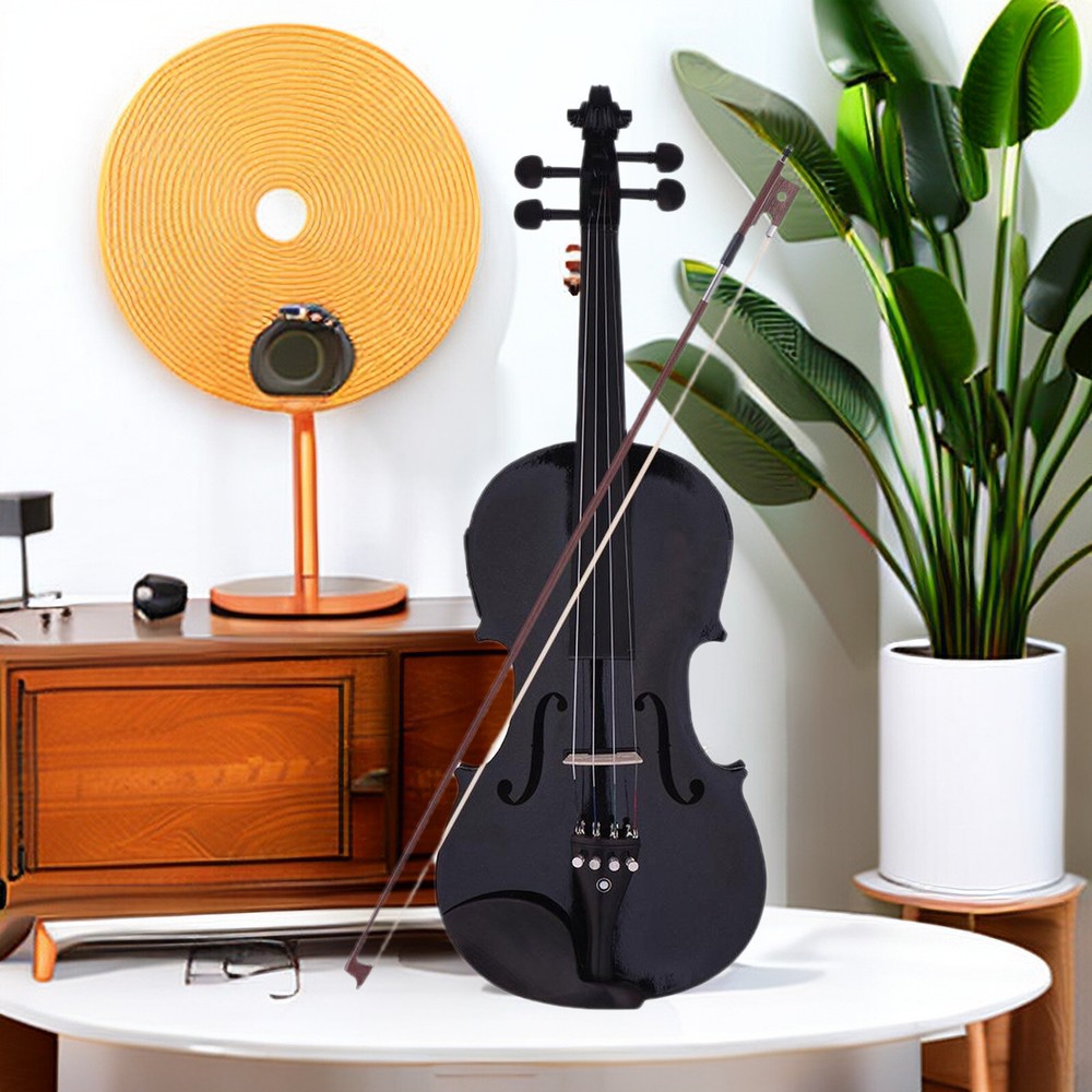Black 4/4 Full Size Solid Wood Violin Set w/ EQ, Shoulder Rest, Electronic Tuner
