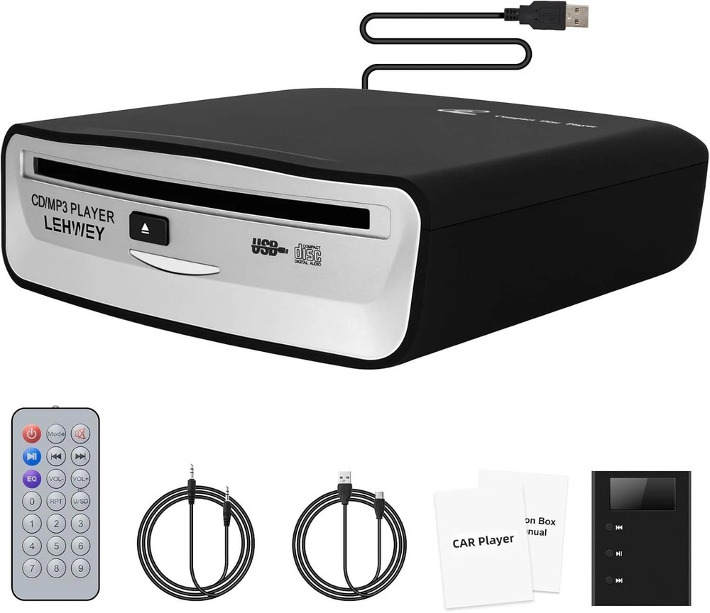 Plug & Play USB CD Player for Cars, Remote Control, Anti-Skip & FM Transmitter