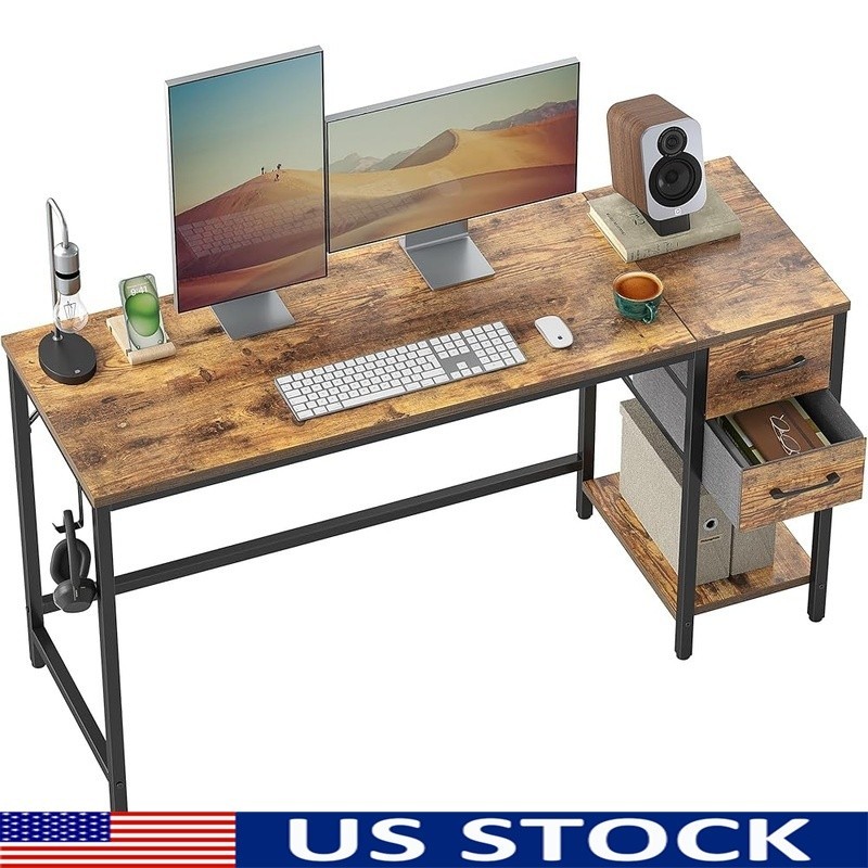 Small Computer Desk W/ Drawers & Shelf Reversible Design Office Gaming New