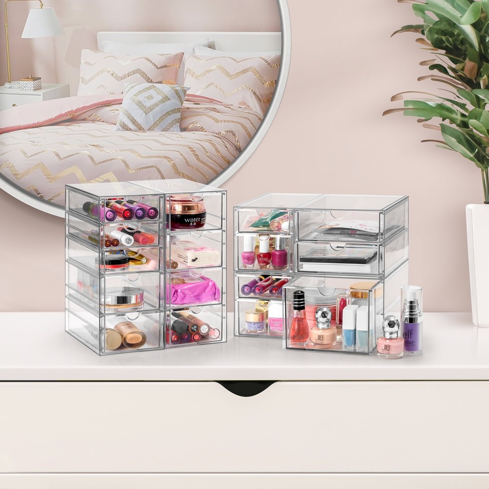 4-Piece Acrylic Makeup Organizer, 16 Drawer Stackable Storage Bins, Clear