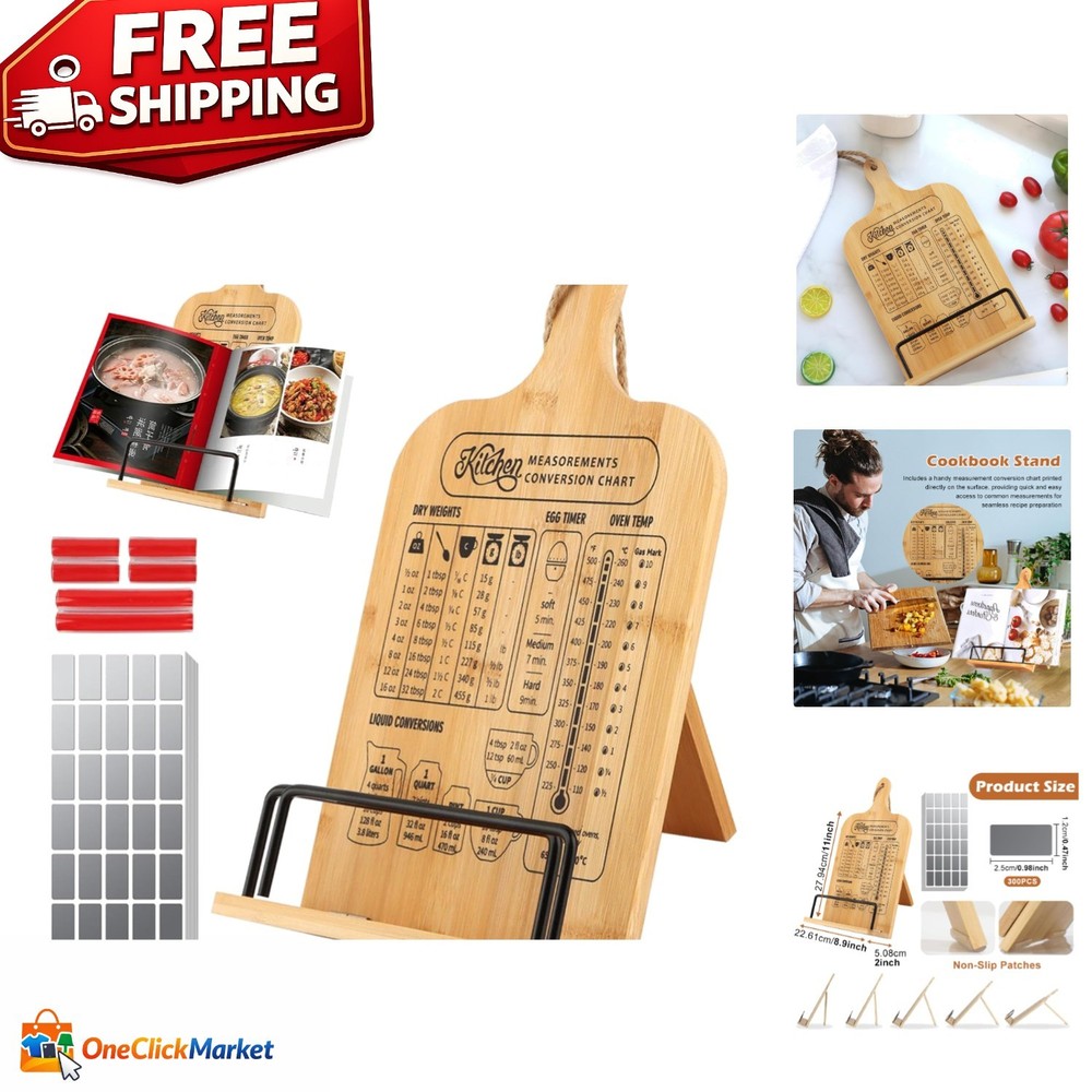 Rustic Wooden Cookbook Stand with Measurement Chart - Space-Saving & Adjustable