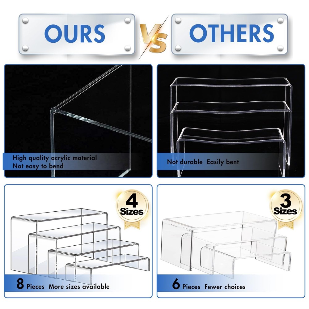 8 PCS Clear Acrylic Risers, 2 Sets, Rectangular Stands, Shelf, Decor, Showcase