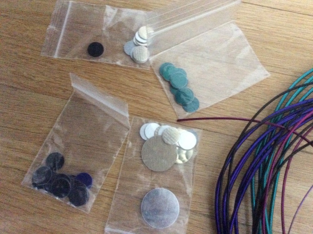 anodized aluminum, discs and wire, used for crafts