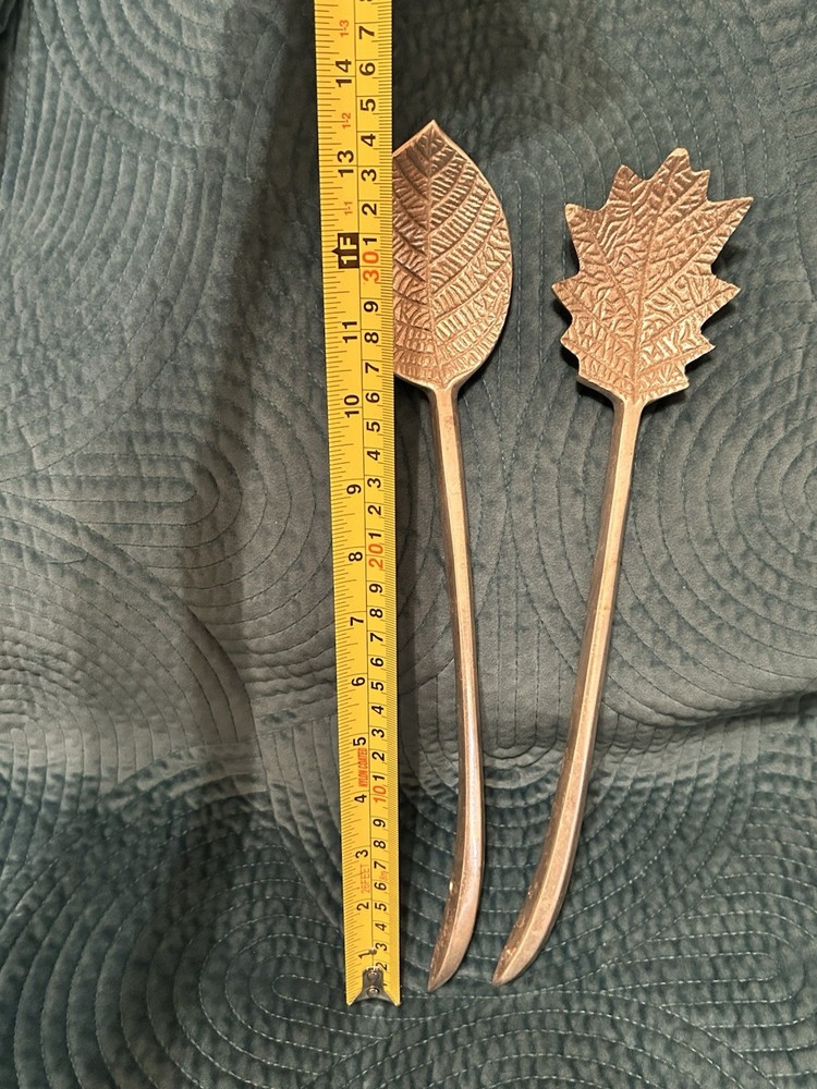 Leaf Shape Silver Tone Long Handled Salad Servers - Oak & Aspen Leaf Shape