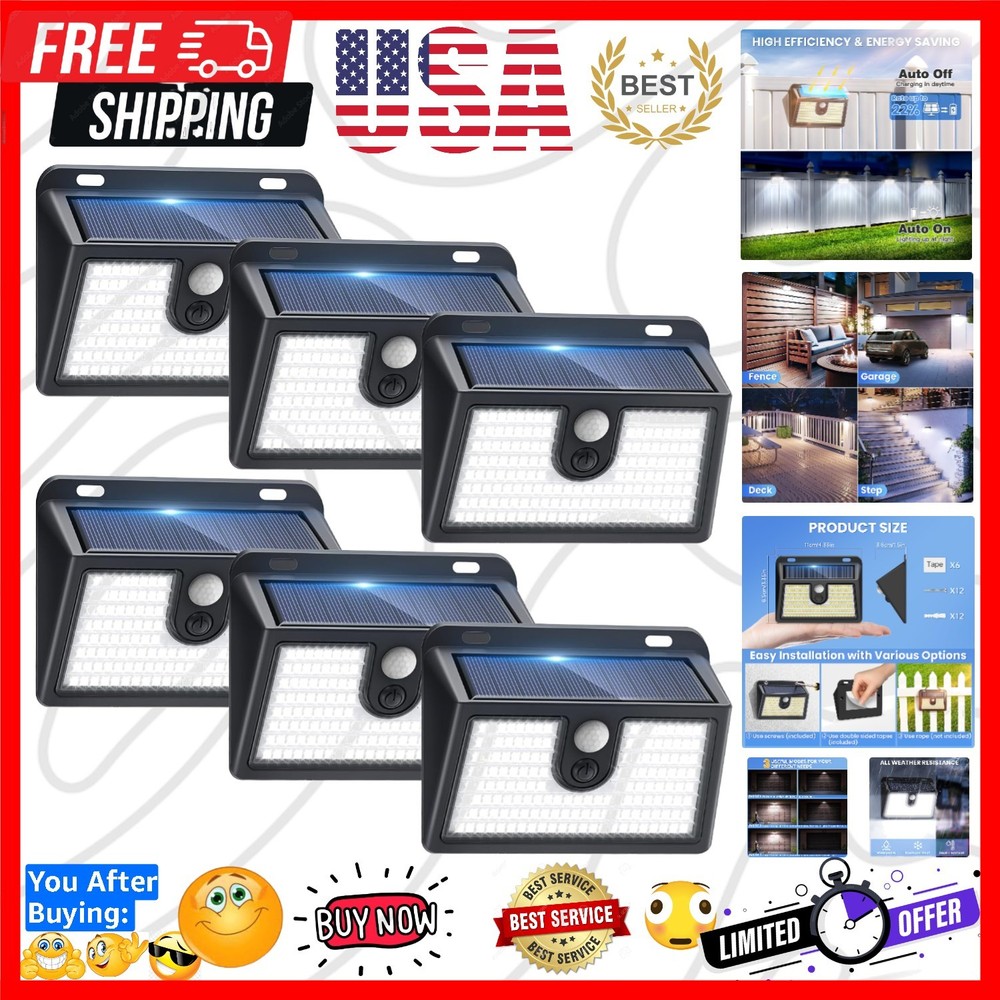 6 Pack Solar Motion Sensor Lights - 800 Lumen Outdoor Security Bright Lights