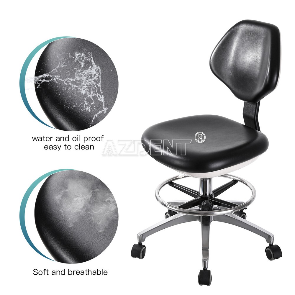 Dental Assistant Mobile Rolling Stool Adjustable Height Back Support PU Leather