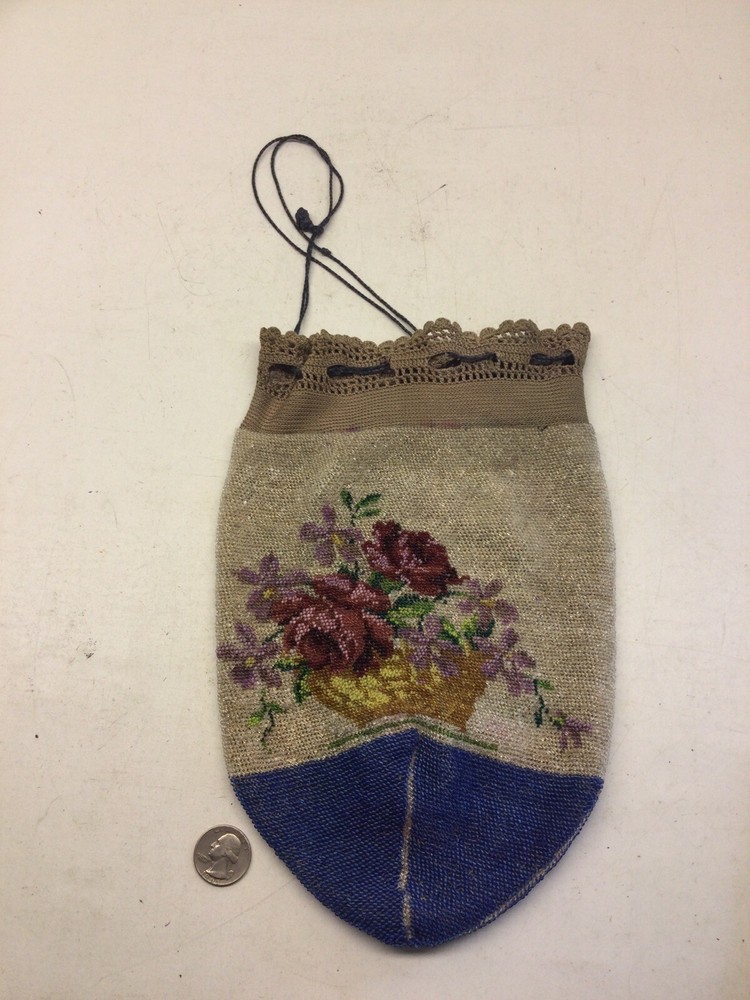Antique Beaded Roses Drawstring Bag Purse