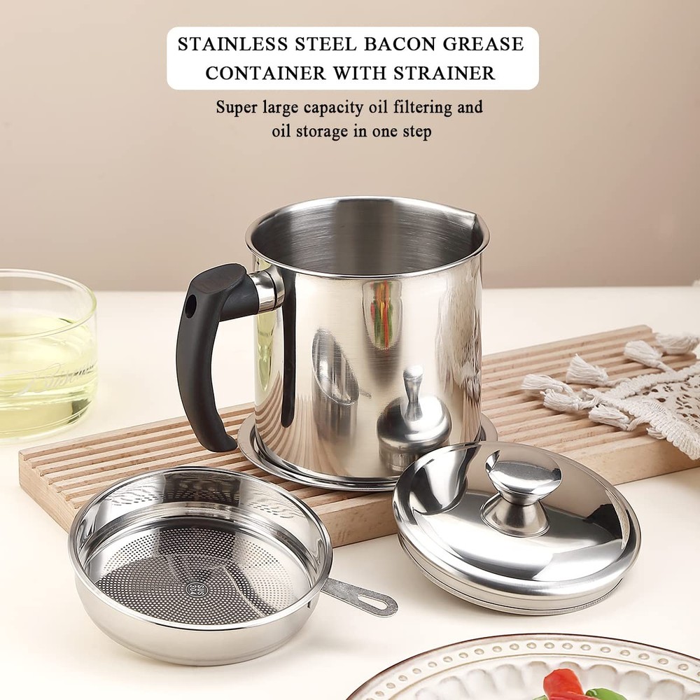 Kyraton Bacon Grease Container With Strainer, 48 oz 1. Silver, Silver