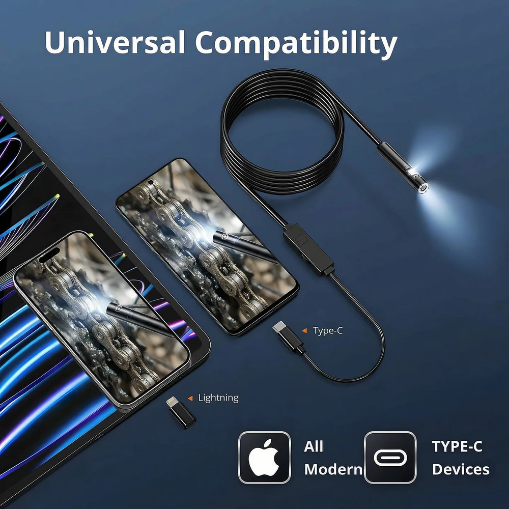 1920P Endoscope Camera 8mm for iPhone Android Type-C Borescope LED IP67