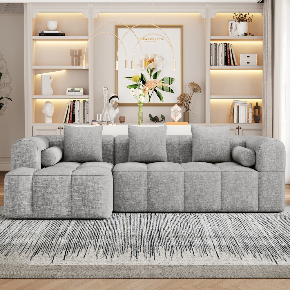 3-Seat Modular Sectional Sofa, Tufted Back with Side Pockets, Light Grey