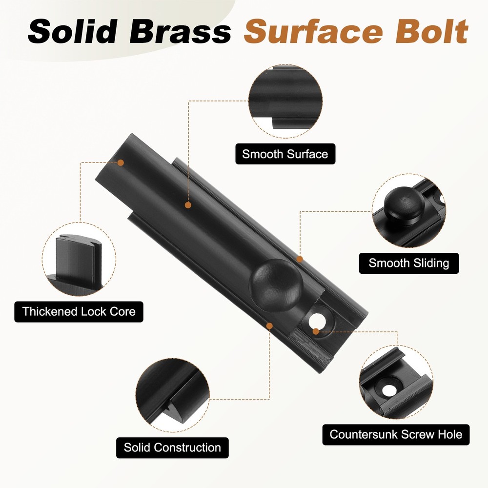 2Pcs 3" Solid Brass Surface Bolt, Polished Slide Latch Door Lock, Matt Black