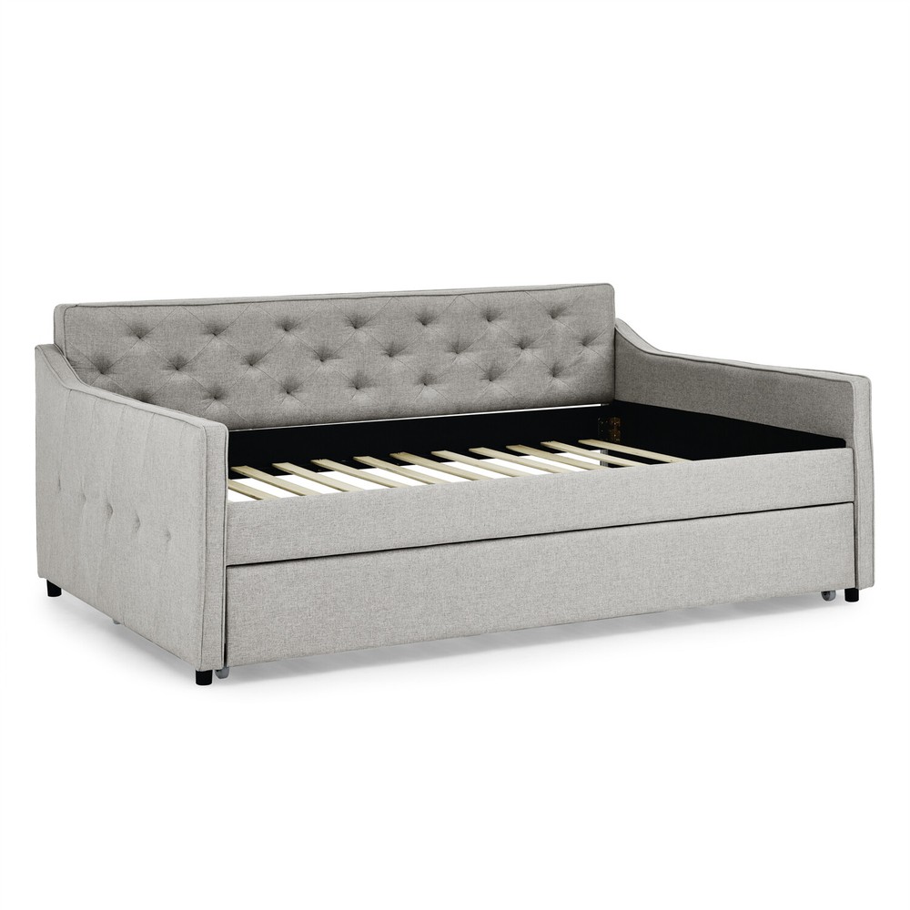 Full Size Daybed w/ Pull-Out Trundle Bed Linen Upholstered Bed Frame Sofa Bed US