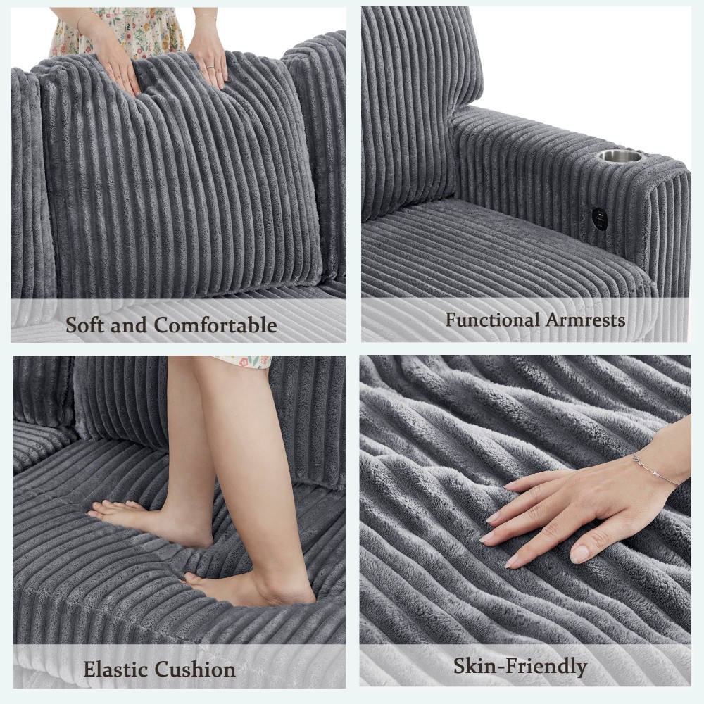 5-Seat L-Shaped Sectional Sofa Bed w/ Pull-Out Bed & USB Charging, Grey