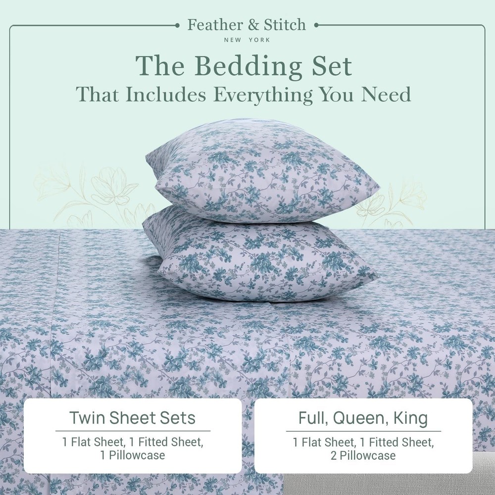 Feather & Stitch Softest 100% Cotton Sheets, 300 Thread Count Percale Weave B...