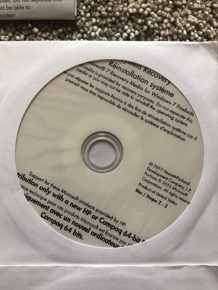 HP Windows 7 System Recovery Discs with Instruction paperwork