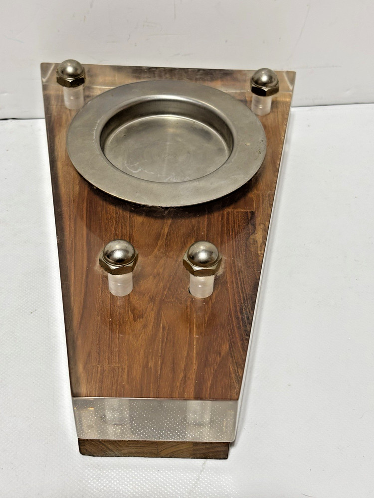 MCM Coaster Ash Tray & Table Lighter Clear Thick Plastic Teak Wood Set