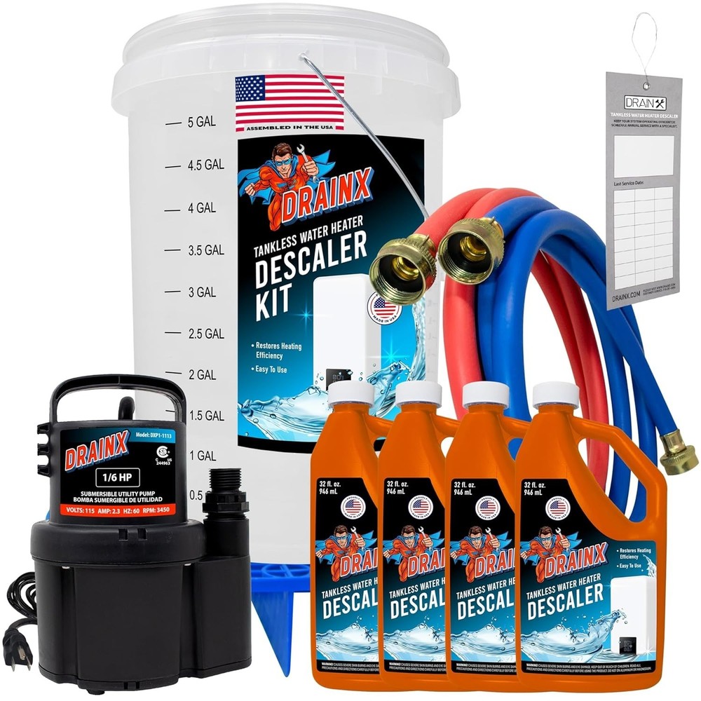 DrainX Tankless Water Heater Flush Kit with 4 Quarts Liquid Descaling Solution