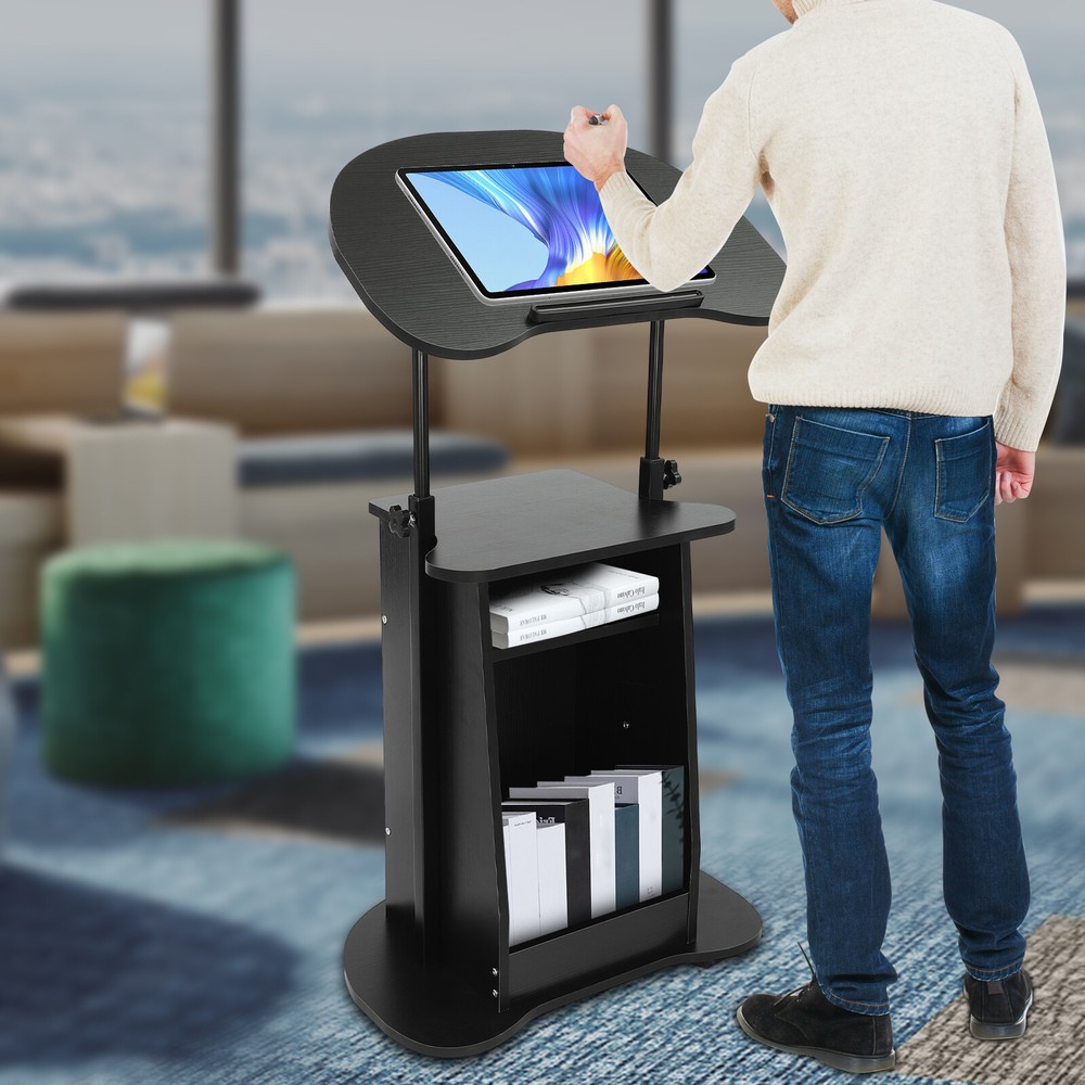 Adjustable Mobile Height Presentation Stand with Storage and Rolling Wheels