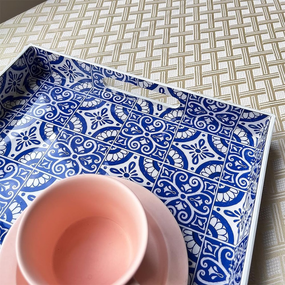 Umisriro 2 Pack Serving Tray w/ Handles, Decorative Rectangular Coffee Table Tra