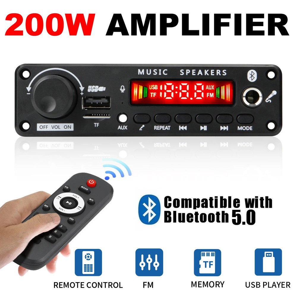 200W Bluetooth Amplifier DIY MP3 WAV Decoder Board - Wireless 12V Power