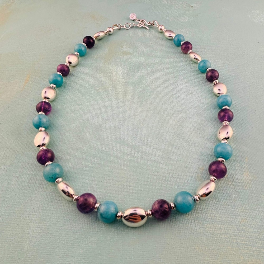 Amazonite Amethyst Sterling Silver Beaded Necklace - 20 in