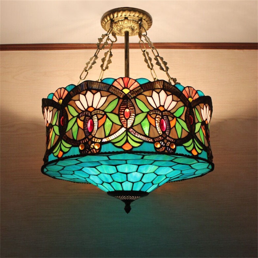 Victorian Semi Flush Mount Handcrafted Lotus Pattern Stained Glass Ceiling Light