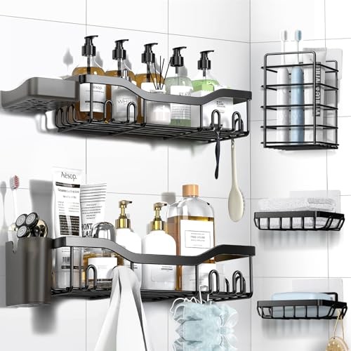 Shower Caddy Adhesive Shower Organizer 7-Pack, Rustproof 7-Piece Set Black