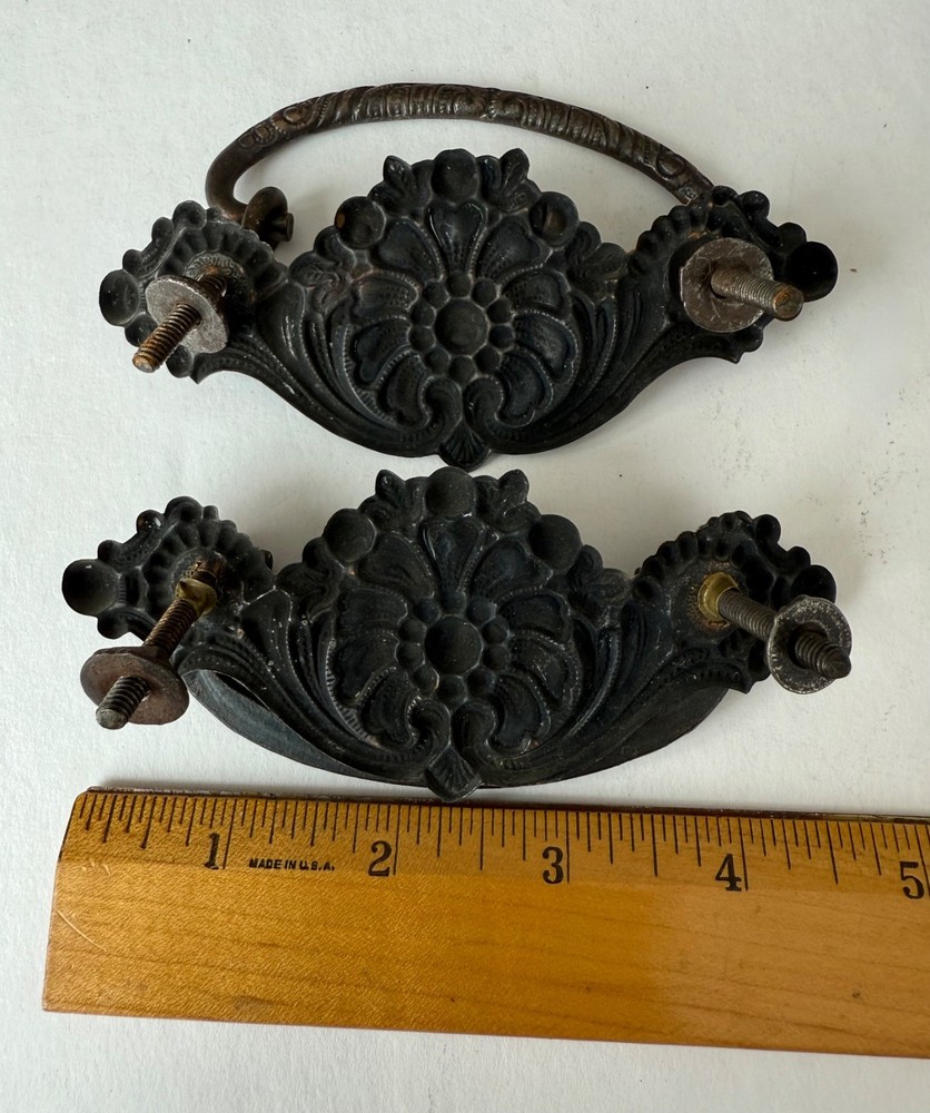 2 Antique Pressed Brass Drawer Pulls Bail Handles 4-1/2 inch