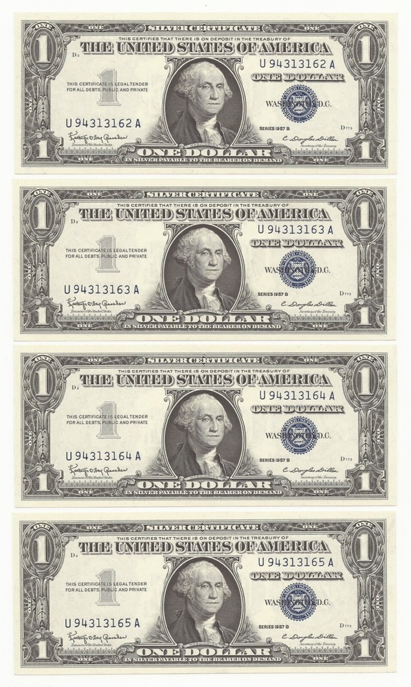 CU 1957-B $1 Bill Silver Certificate Note 4 Piece Consecutive 162A-KCN