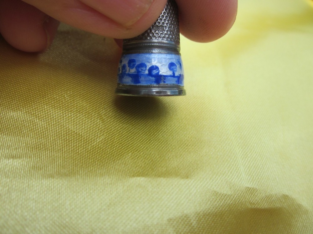 Vintage Sterling 935 Silver Enamel Thimble Delft Style Size 4