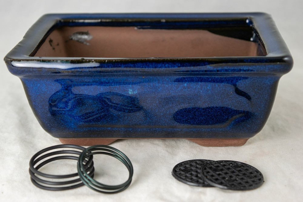 Rectangular Glazed Succulent, Bonsai Pot + Mesh + Wire 6"x 4.5"x 2.25" - Blue